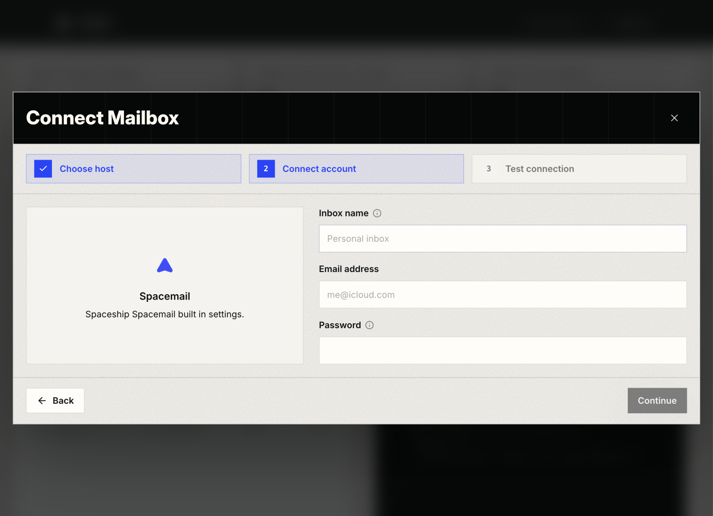 Aquila Connect Mailbox dialog showing inbox name, email address, and password fields.