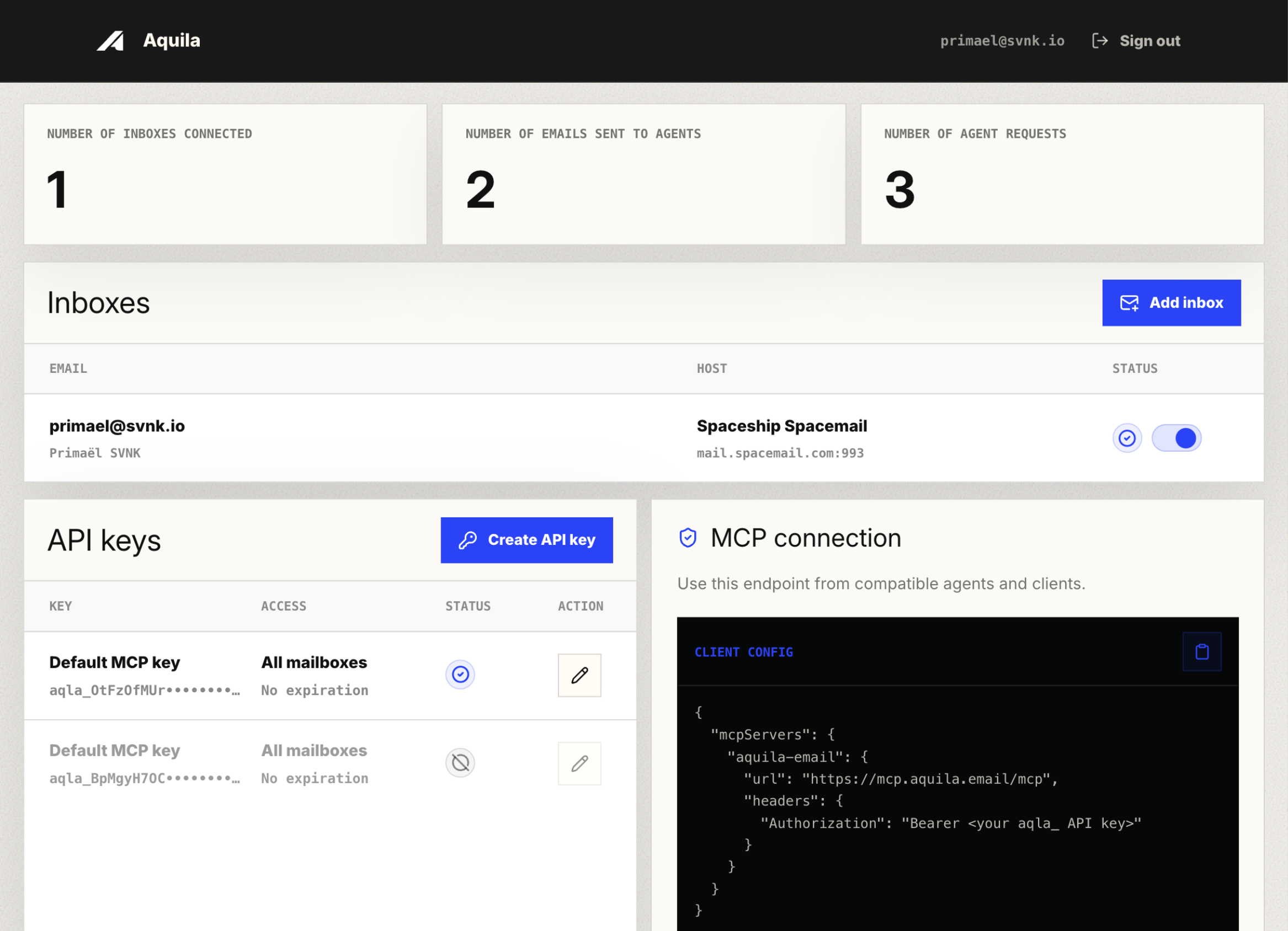 Aquila dashboard showing the Add inbox button.