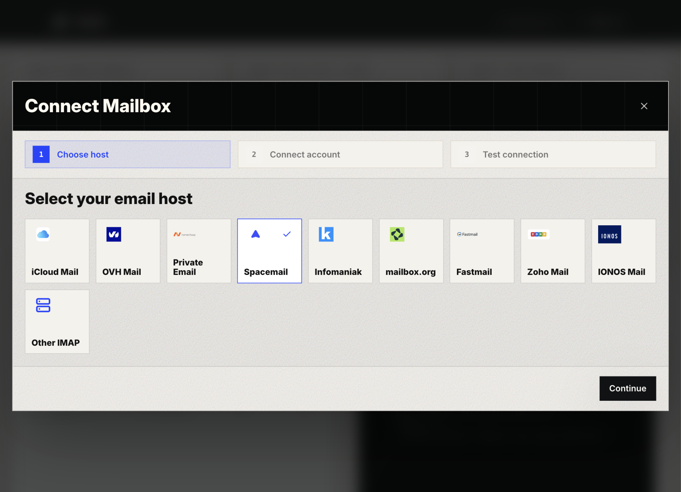 Aquila Connect Mailbox dialog with Spacemail selected.